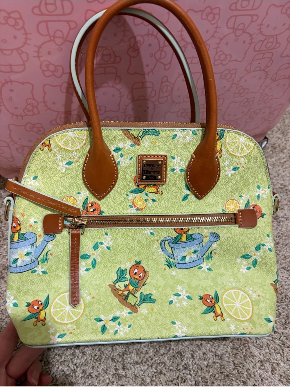 Dooney & Bourke Lime Green Orange Bird Print Satchel with Tan Trim